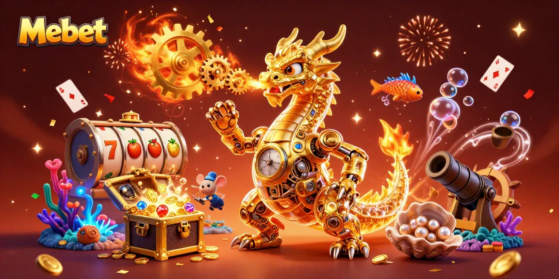 Mebet offers a captivating casino adventure with animated characters, slot reels, and a magical atmosphere.