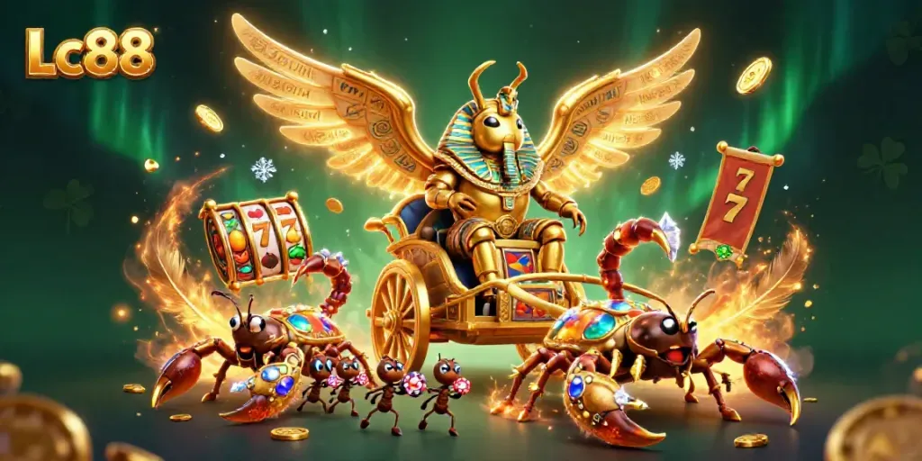Engage with Lc88 at a vibrant casino scene featuring a pharaoh beetle and scorpions amidst rich gaming elements.