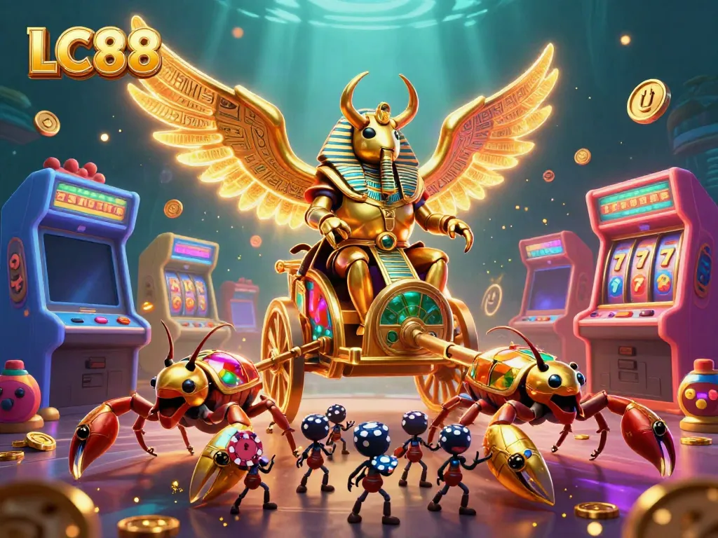Experience the thrill of gaming with LC88 through a dynamic 3D art scene filled with vibrant casino elements.