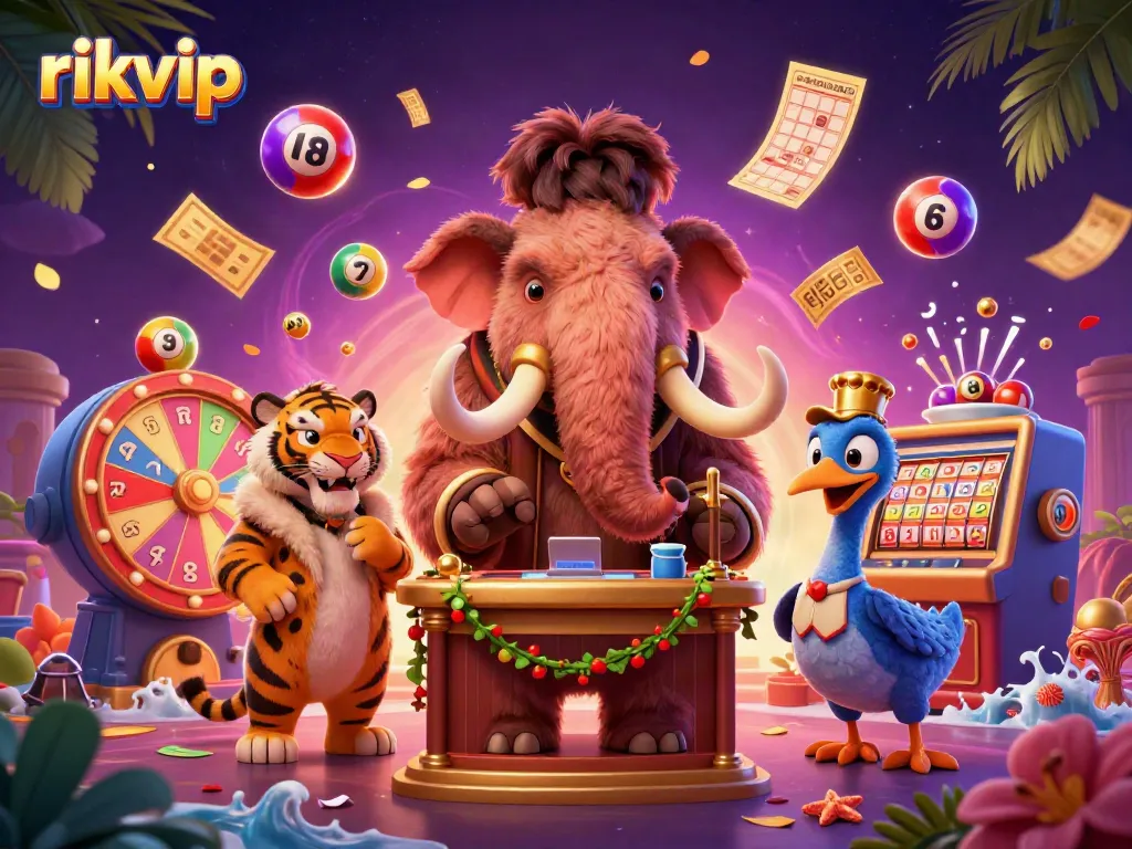 Experience the vibrant world of rikvip with a 3D casino scene featuring colorful lottery elements and lively characters.
