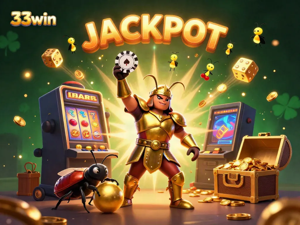 Win exciting jackpots with 33win in this vibrant casino scene featuring 3D characters and elements.