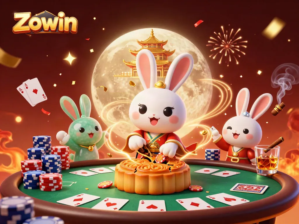 Zowin showcases a 3D folklore moon rabbit pounding mooncakes, revealing poker chips, embodying excitement in gambling.