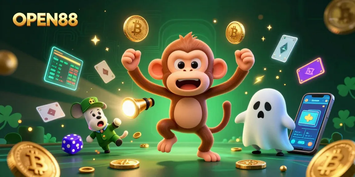 OPEN88 showcases a playful scene of a mischievous monkey juggling while a puppy tracks it, highlighting casino fun.