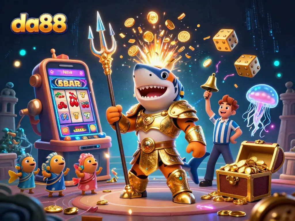 Engage with da88's exhilarating 3D casino scene featuring a shark and vibrant jackpot elements.