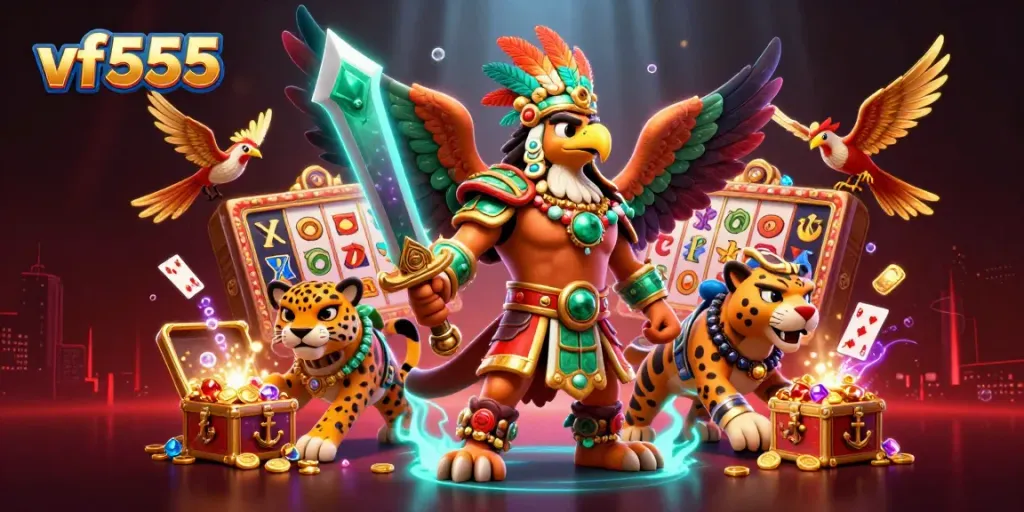 Engage with vf555 in an electrifying casino scene featuring Aztec warriors, vibrant slots, and treasure.