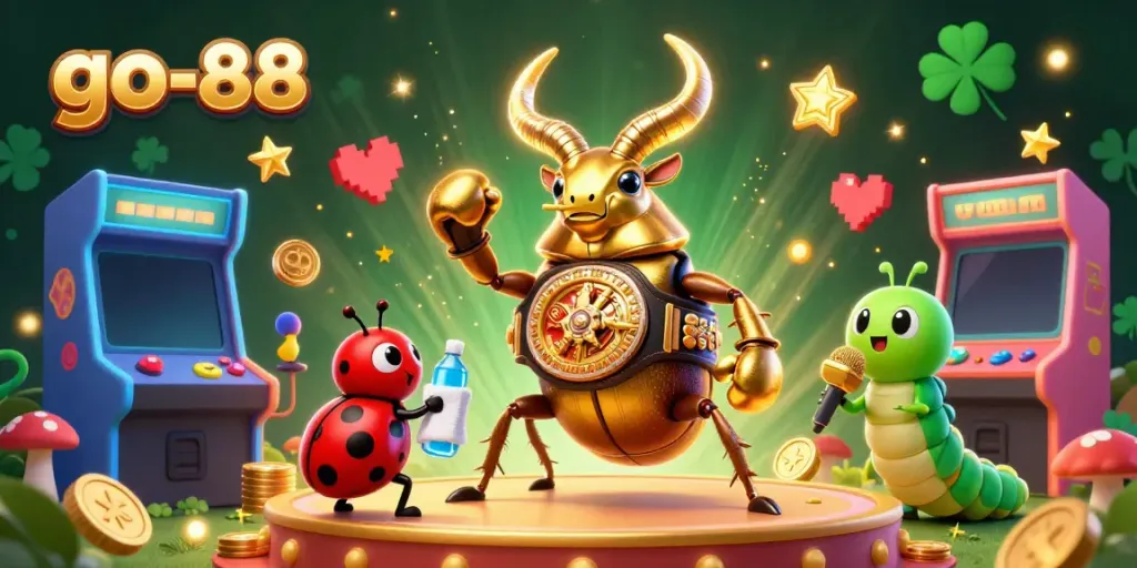 Experience the excitement of go-88 with vibrant games in a dynamic casino scene featuring a golden stag beetle champion.