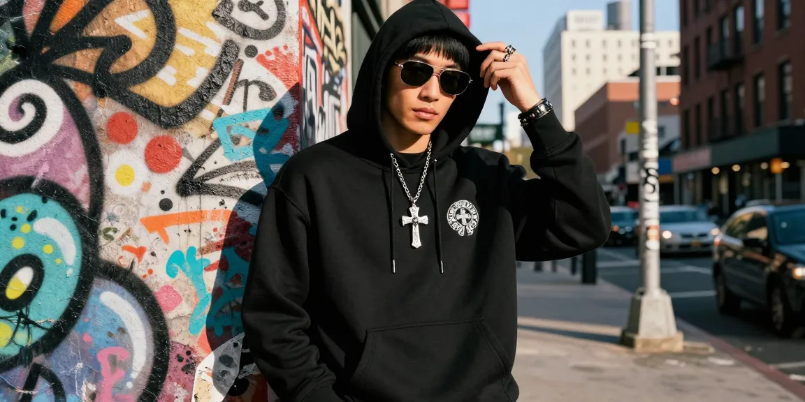 Stylish individual showcasing Chrome Hearts fashion with hoodie and sunglasses in an urban street art setting.