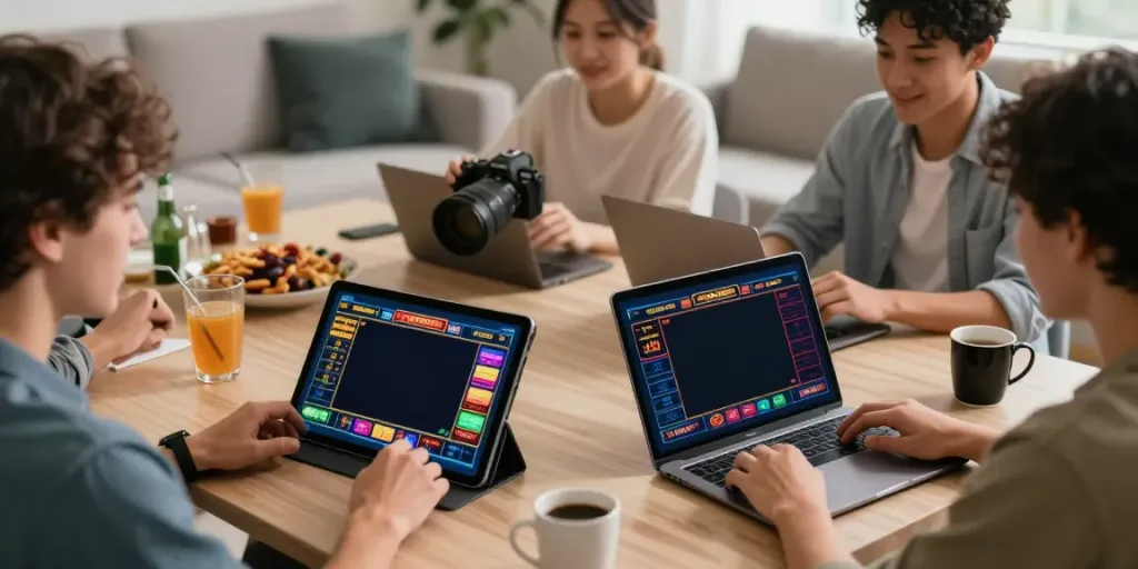 Engaged players enjoying 9bet online gambling on various devices in a cozy setting