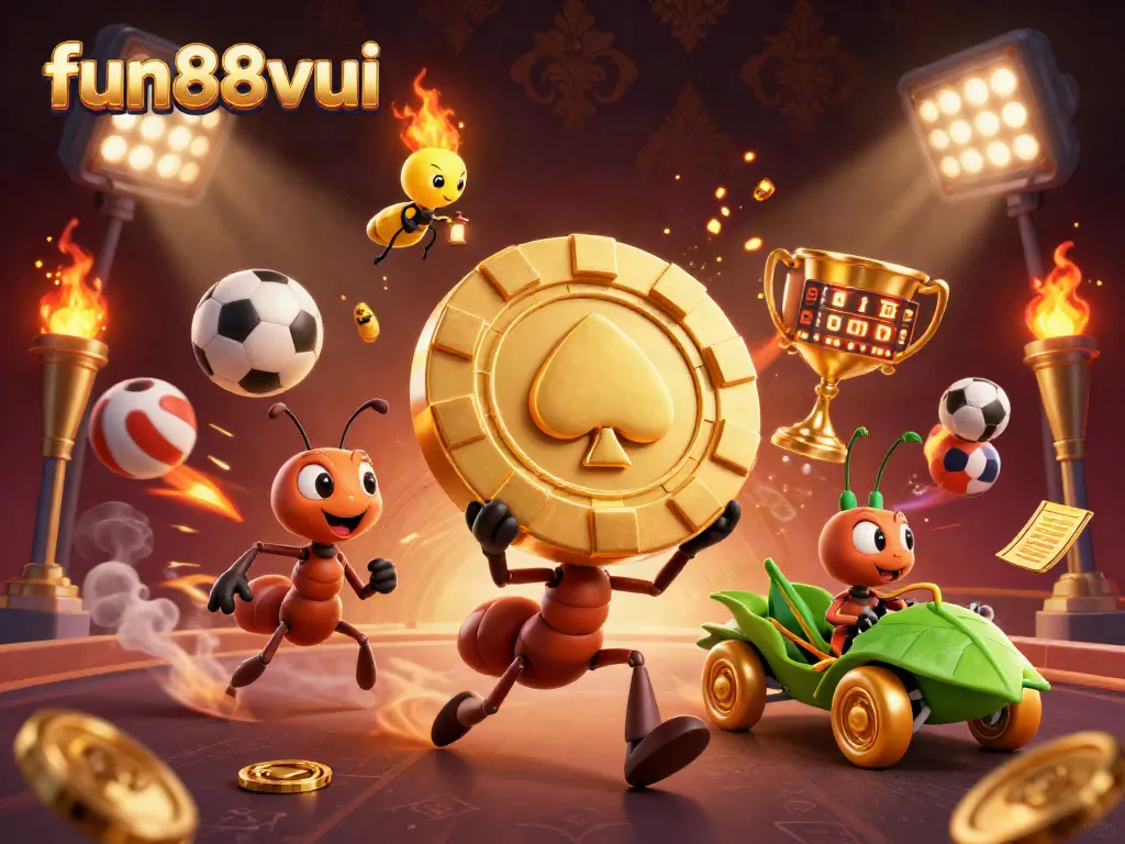 fun88vui showcasing a lively heist scene with ants stealing a giant poker chip amidst vibrant gambling elements.