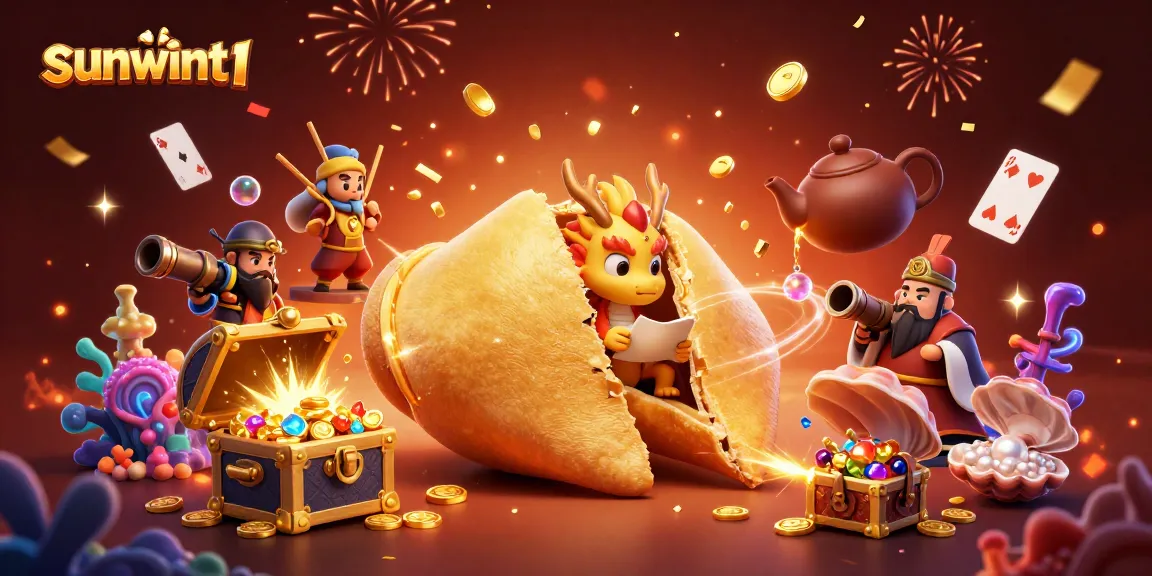 Win big with sunwint1; vibrant 3D casino illustration featuring golden fortune cookie and game elements.