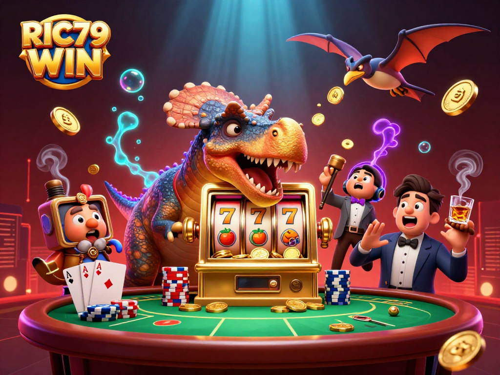 Watch RIC79 WIN as a pachycephalosaurus celebrates jackpot coins raining down in a lively casino.