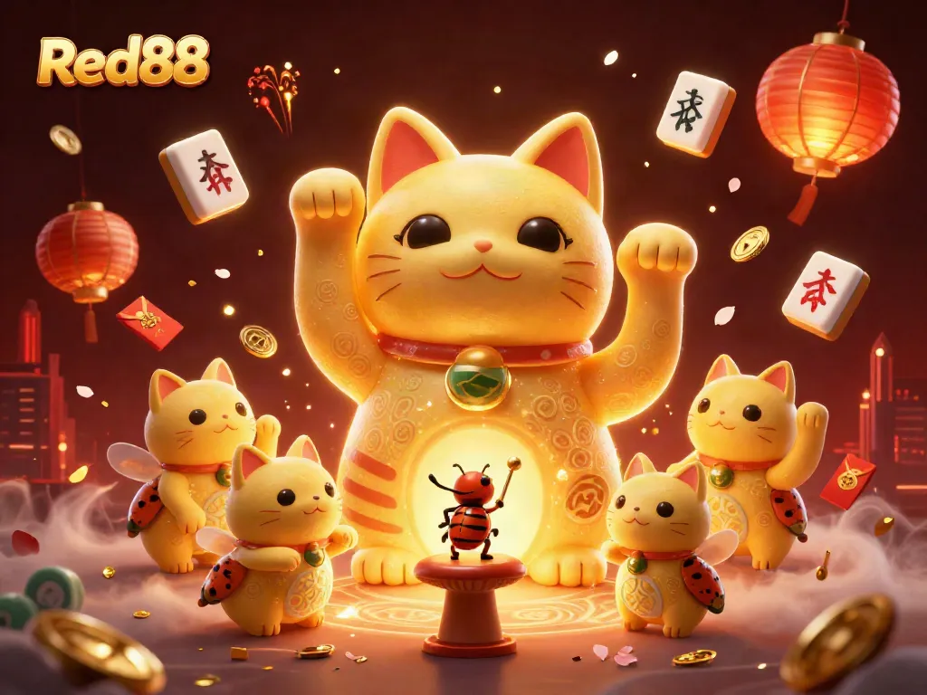 Celebrate wins at Red88 with a vibrant, dynamic scene featuring lucky symbols and a giant waving lucky cat.