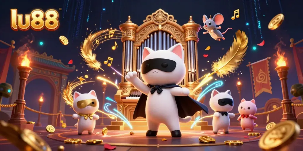 lu88 gaming scene featuring a playful phantom cat and acrobatic mouse amidst golden casino elements.