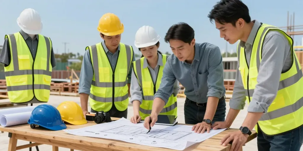 Quantity surveying services team collaborating on construction estimates and budgets