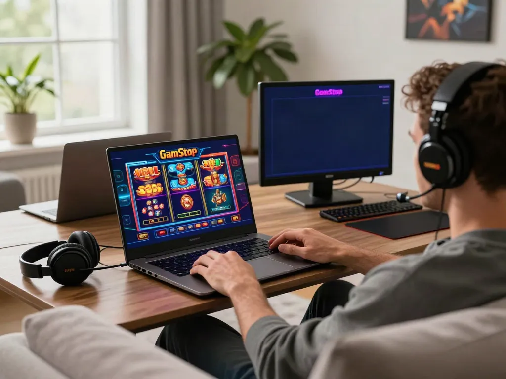 UK player enjoying casinos not on Gamstop at home with colorful game graphics.
