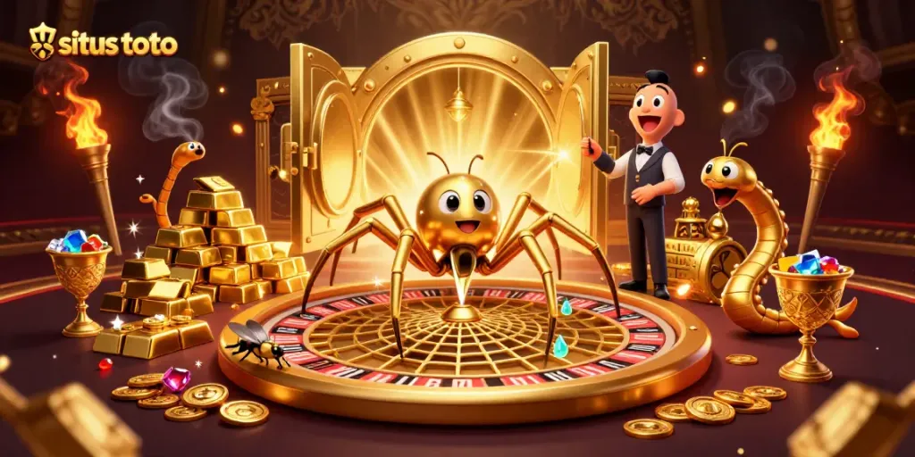 Experience the excitement of situs toto with a dynamic roulette wheel scene featuring vibrant elements and engaging characters.