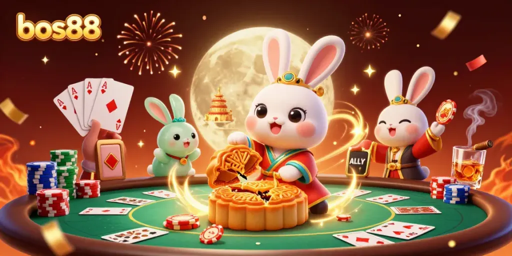 Engage with bos88 as the moon rabbit reveals poker chips, immersed in a captivating casino scene.