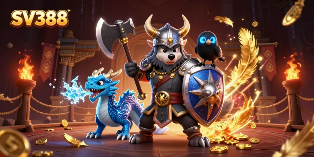 SV388 Viking warrior and dragon duel in an epic cockfighting arena illustration.