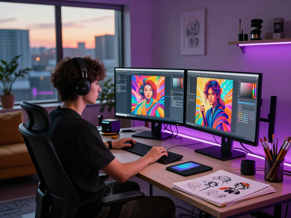 Artist creating NSFW AI-generated art in a vibrant digital studio with dual monitors and creative tools.
