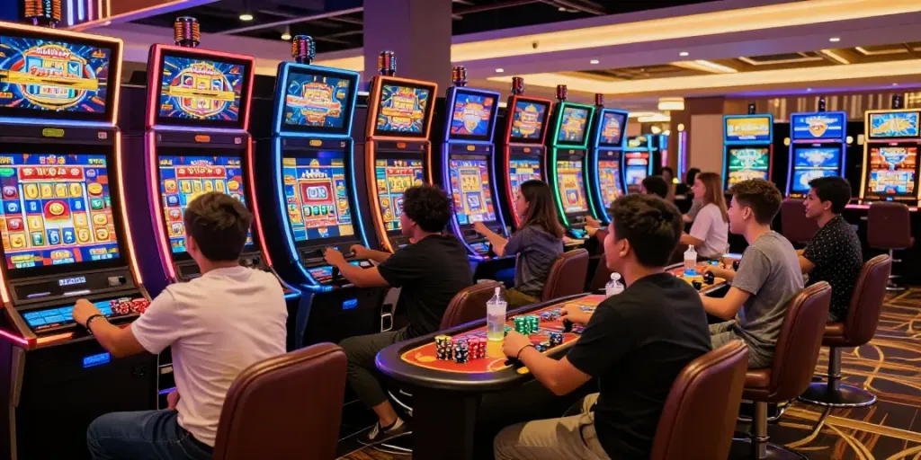 Players enjoying rokok88 slot games in an exciting casino atmosphere with vibrant lights.