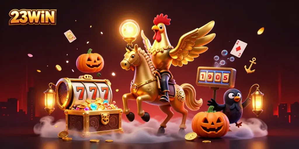 Experience the vibrant casino world with 23WIN, featuring a unique golden rooster and dynamic game elements.