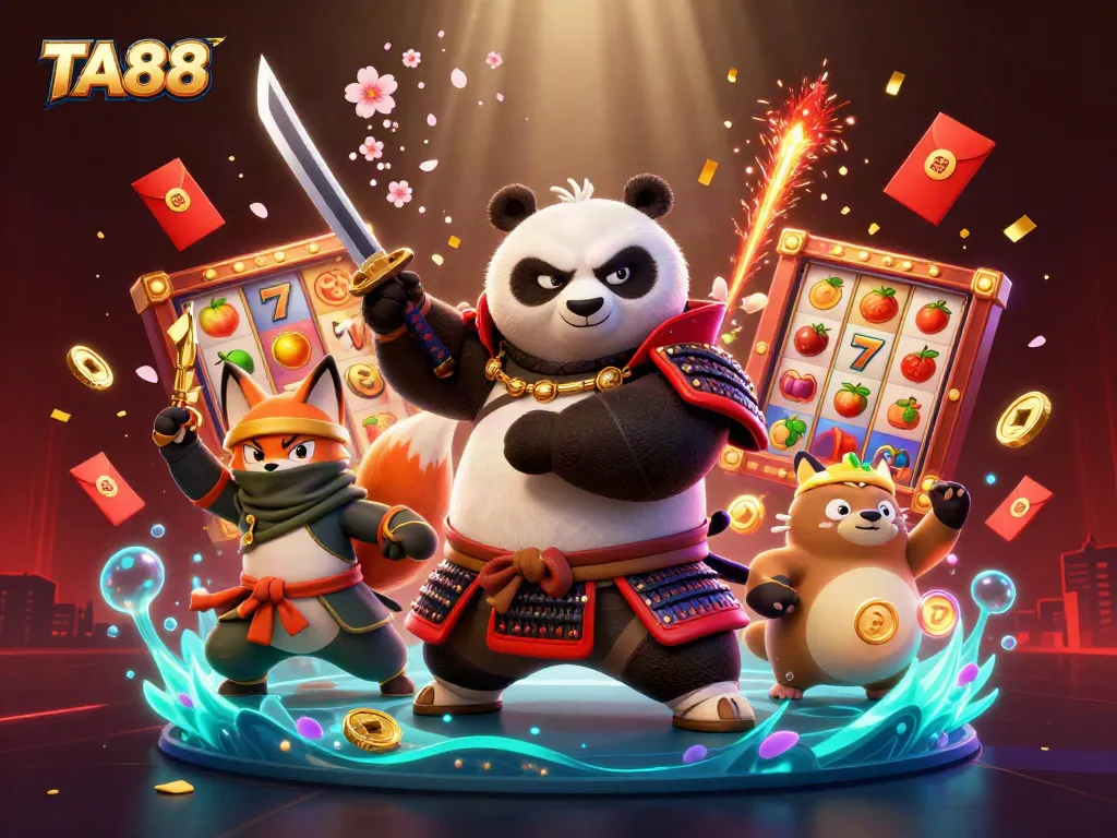 Experience thrilling gameplay with TA88's vibrant slot reels and dynamic characters in this casino illustration.