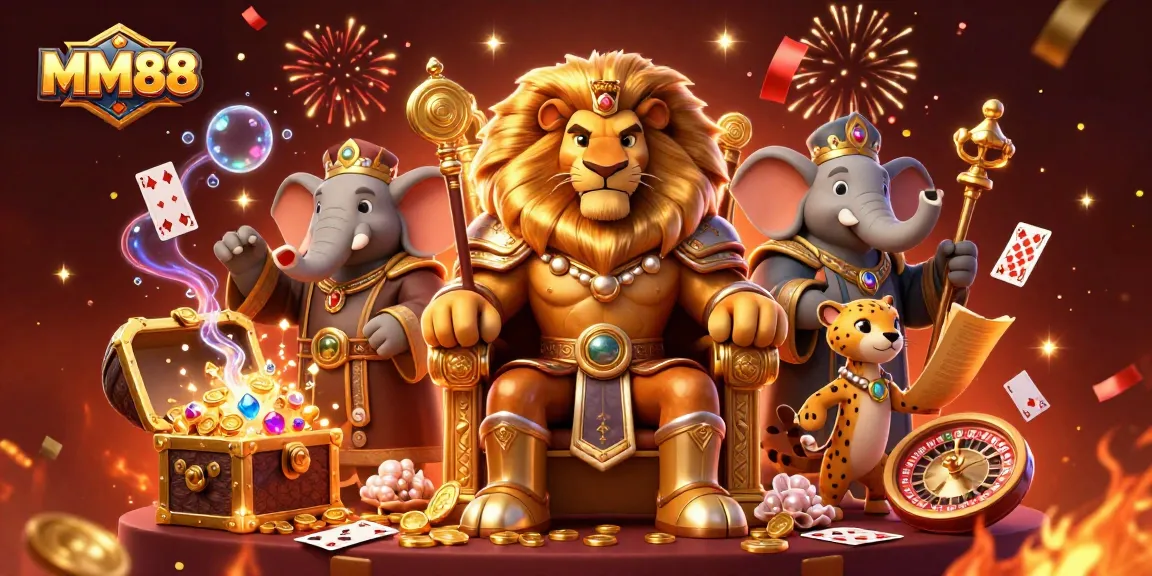 Experience thrilling gameplay with MM88, featuring a majestic lion king and casino elements.