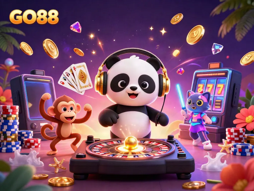Experience GO88's vibrant gaming world with DJ panda, breakdancing monkey, and glow-stick kitten in action.