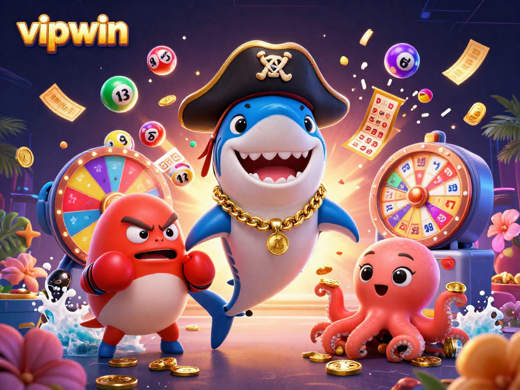 Engage in thrilling games at vipwin with vibrant lottery balls and animated characters.