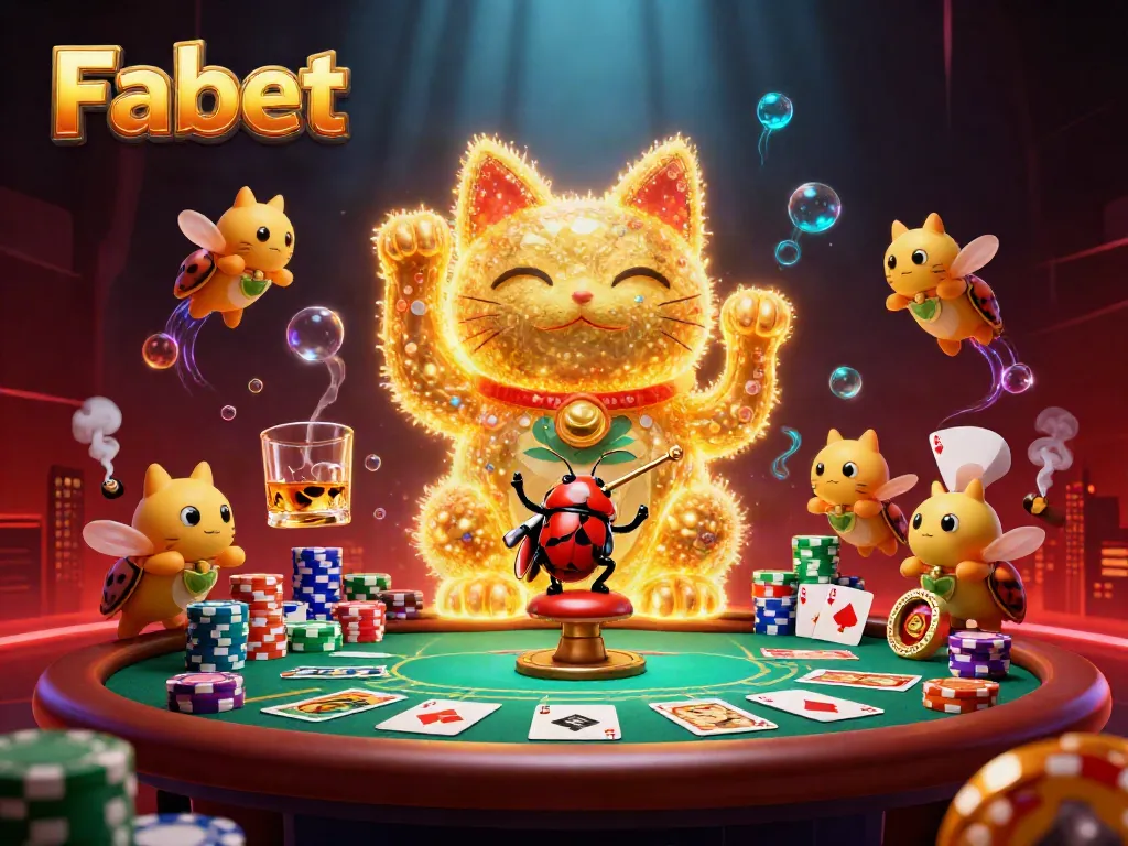 Fabet showcases a vibrant scene of gaming excitement with a lucky cat and poker elements.