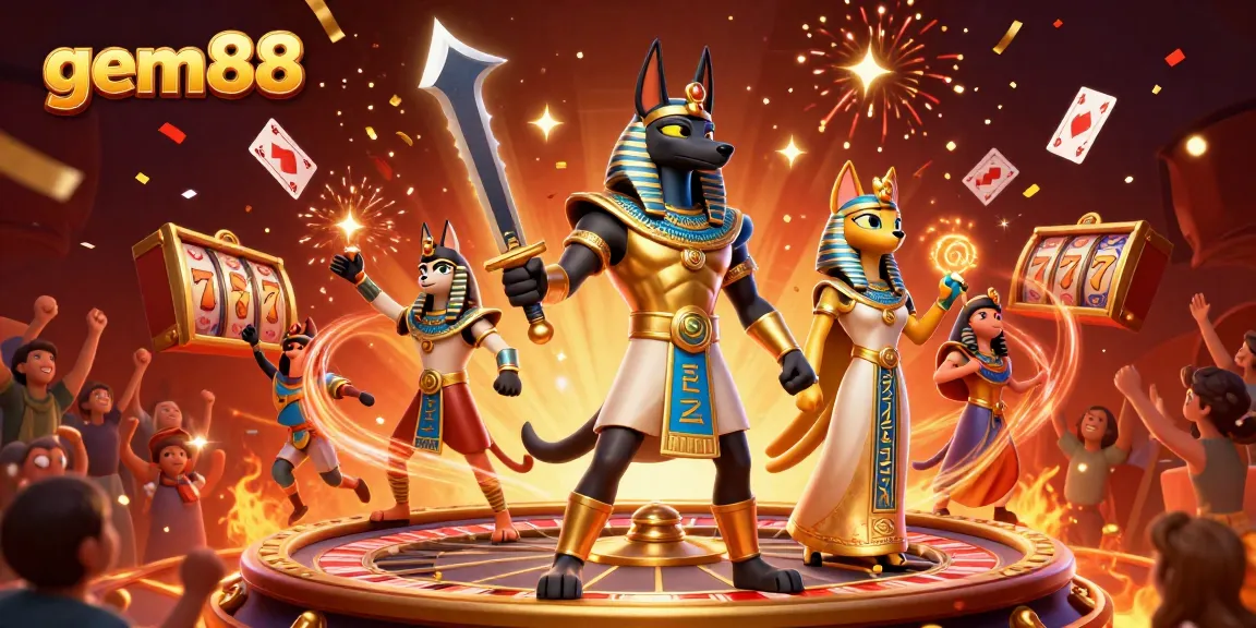 Experience exciting gameplay at gem88 with Anubis and Bastet amidst a vibrant casino burst of colors.