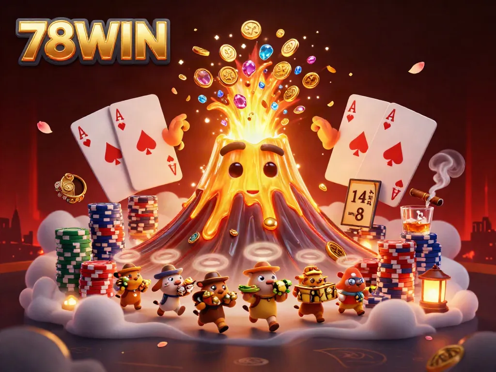 Experience the thrill of 78WIN as a golden volcano erupts with treasure, setting the stage for exciting casino adventure.