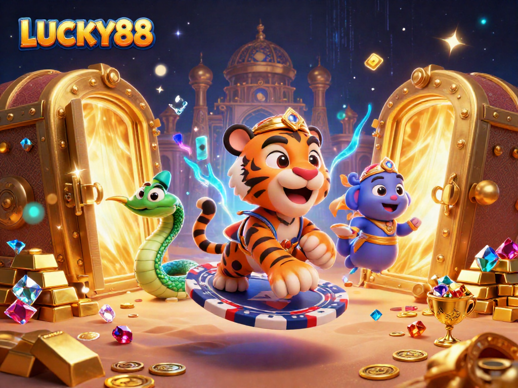 Spin the Lucky88 reels with vibrant gold treasures and exciting casino elements!