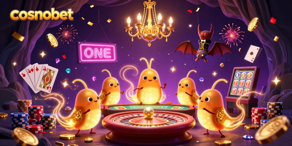 Place bets and win at cosmobet with lively cartoon glowworms and a bat dealer in a vibrant casino scene.