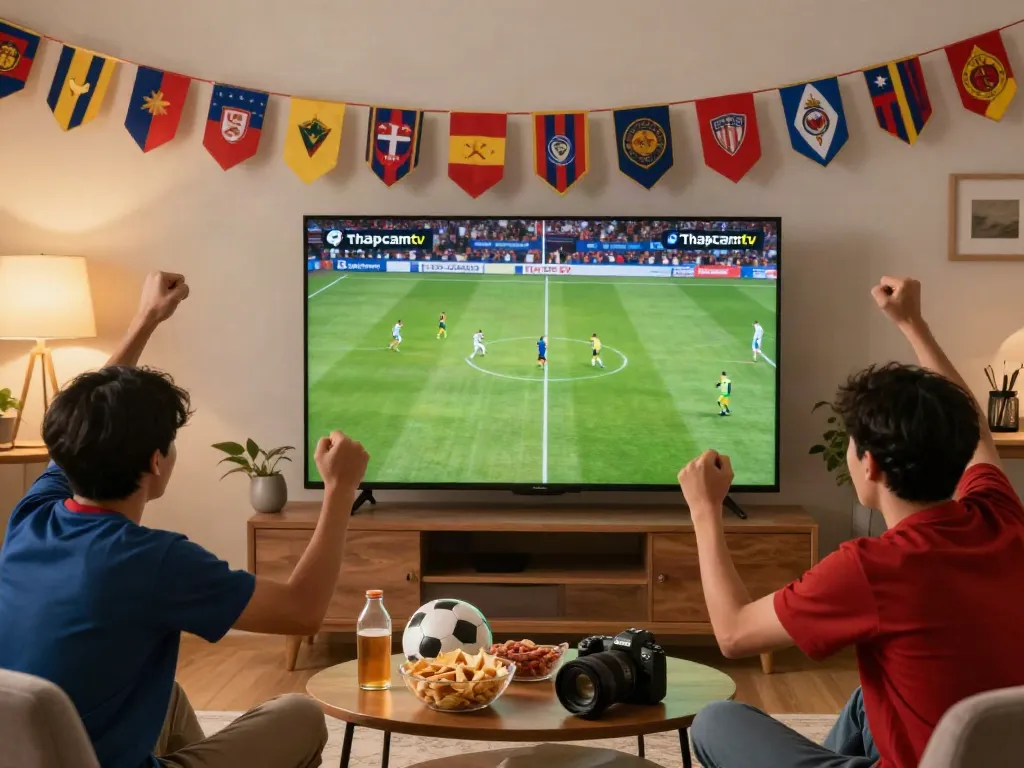 Fans enjoying a live football match on Thapcamtv in a vibrant living room.