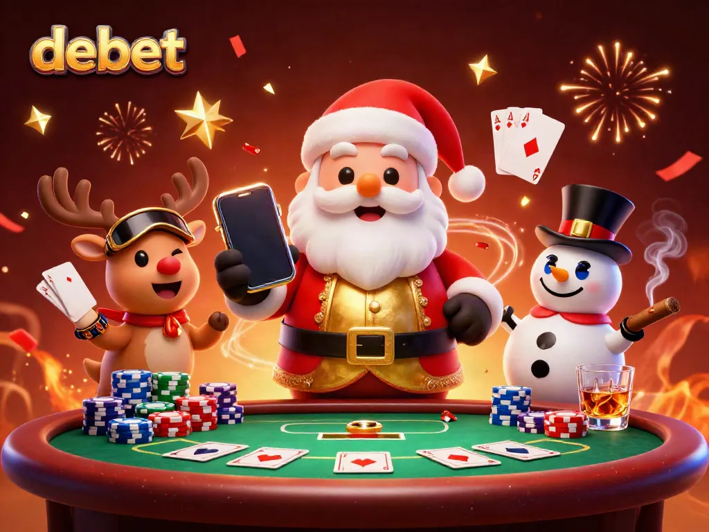 Join the festive excitement at debet with Santa, reindeer, and a snowman in a rich casino setting.