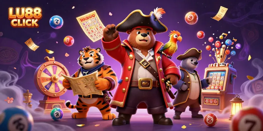Experience excitement at LU88 CLICK with dynamic lottery elements and 3D cartoon characters in action.