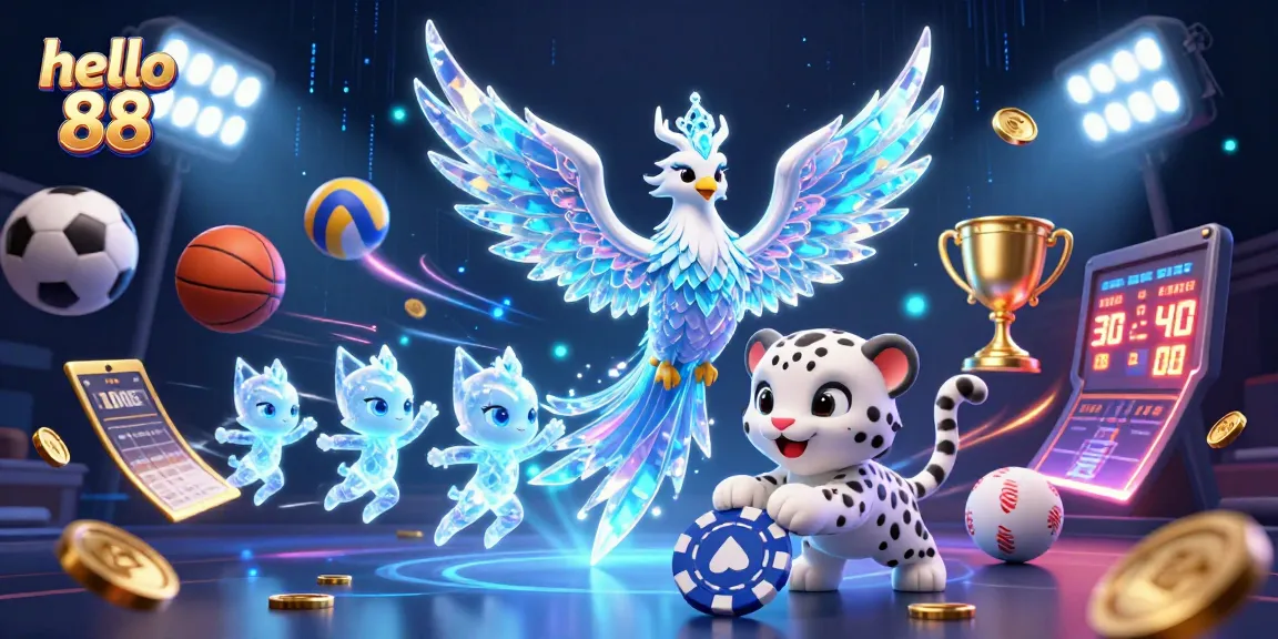 Engage with thrilling moments at hello 88, showcasing a vibrant, animated gambling scene with dynamic characters and sports elements.