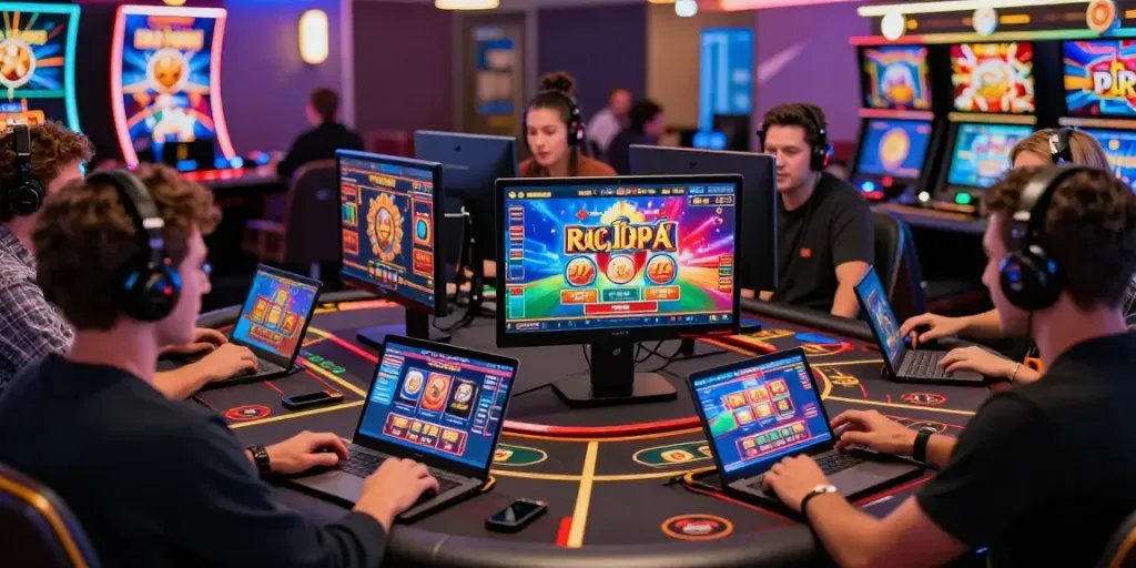 Players engaging with online casinos that accept credit card, showcasing excitement and vibrant gaming graphics.