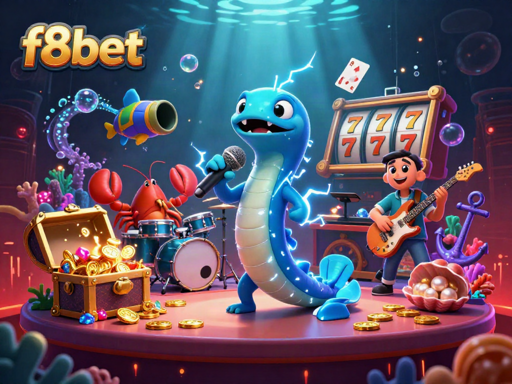 Engage with f8bet at an underwater casino featuring an electric eel DJ, lively band, and vibrant game elements.