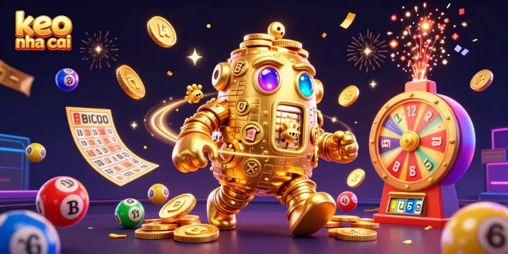 Engage with keo nha cai in a vibrant casino-themed celebration featuring golden elements and lottery symbols.