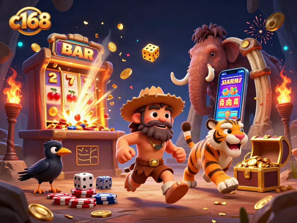 Engage with c168's thrilling casino experience featuring a dynamic caveman and sabertooth duo.