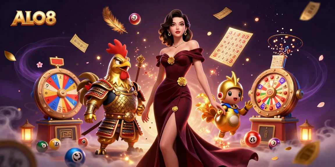 Experience the exciting world of ALO8 gaming with vibrant lottery action and glamorous characters.