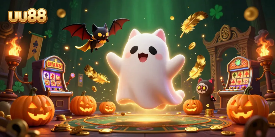 uu88 attracts players with a vibrant ghost cat and a vampire bat surrounded by casino elements.