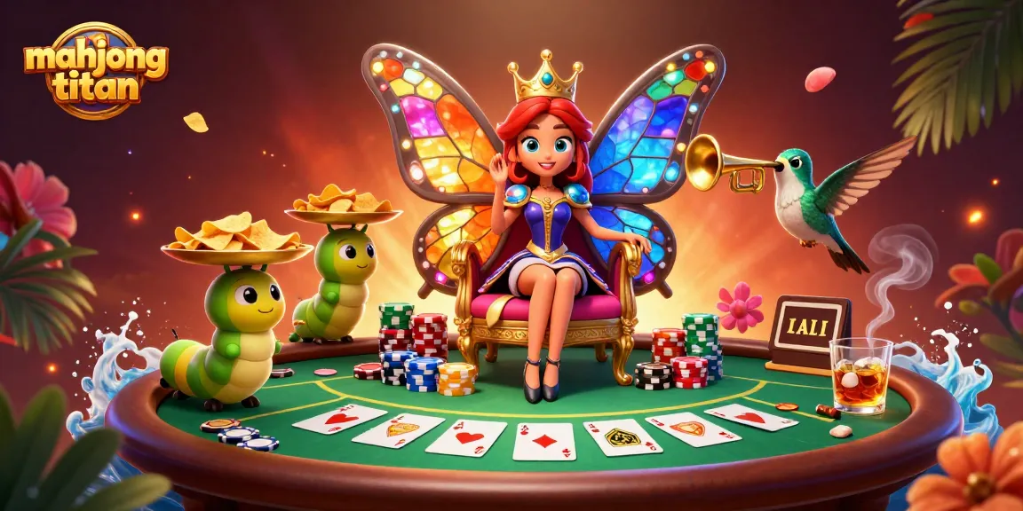 Engage in mahjong titan with an enchanting 3D scene featuring a butterfly queen and vibrant poker elements.