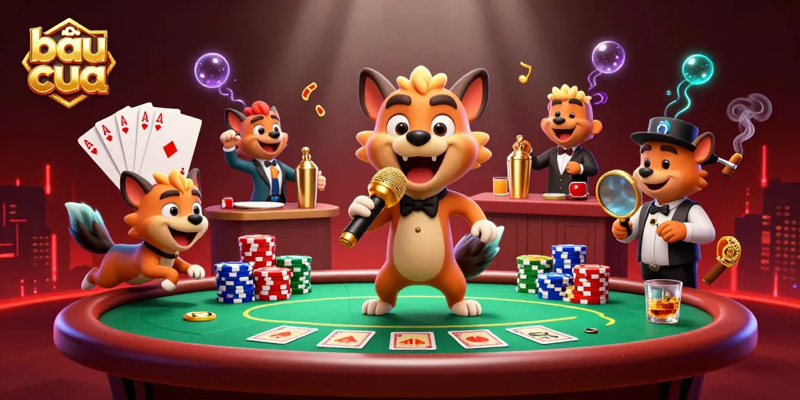 Engage in bầu cua gaming with lively hyena characters at a vibrant comedy casino club.